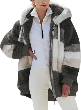 2024 New Rcontrasting Lamb Wool Padded Coat Sherpa Hoodie Lined Jacket Women Faux Fur Shearling Fleece Zip Shacket
