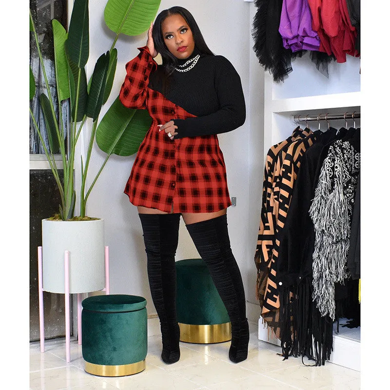 3XL Patchwork Black Plaid Mini Dress Turtleneck Long Sleeve Plus Size Women