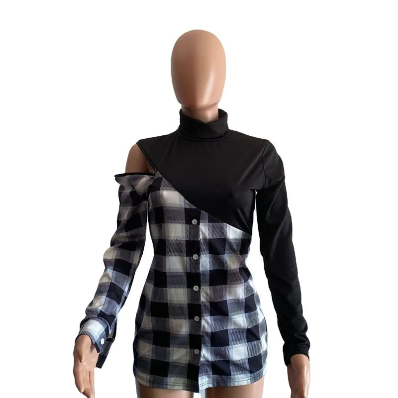 3XL Patchwork Black Plaid Mini Dress Turtleneck Long Sleeve Plus Size Women