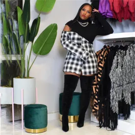 3XL Patchwork Black Plaid Mini Dress Turtleneck Long Sleeve Plus Size Women