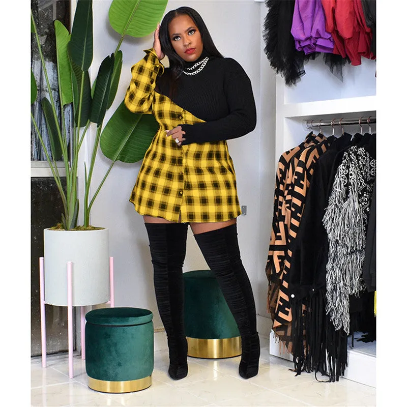 3XL Patchwork Black Plaid Mini Dress Turtleneck Long Sleeve Plus Size Women