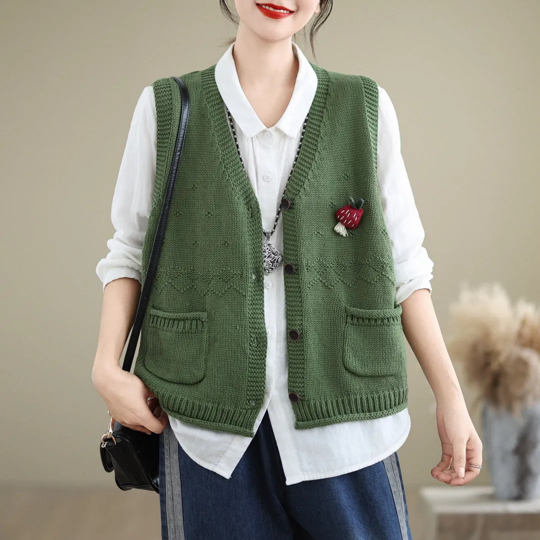 Autumn V-neck Pockets Cotton Knitted Vests