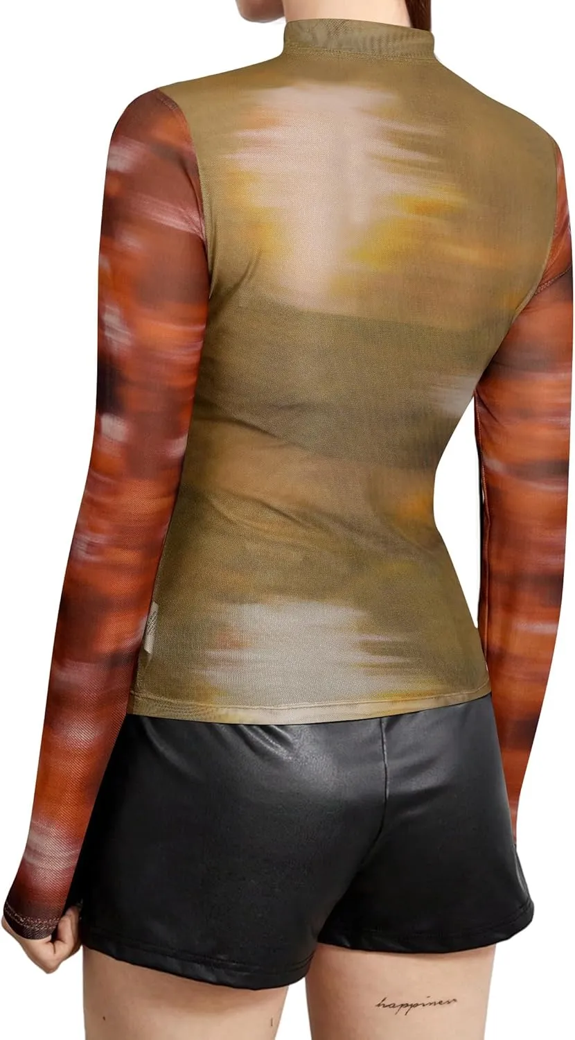 Avanova Women Sexy Sheer Mesh See Through Top Mock Neck Long Sleeve Shirt Clubwear