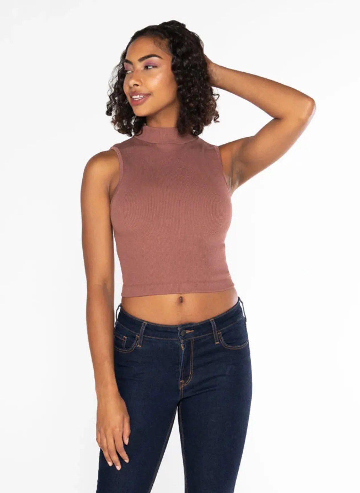 BAMBOO RIB SLEEVELESS MOCK NECK TOP