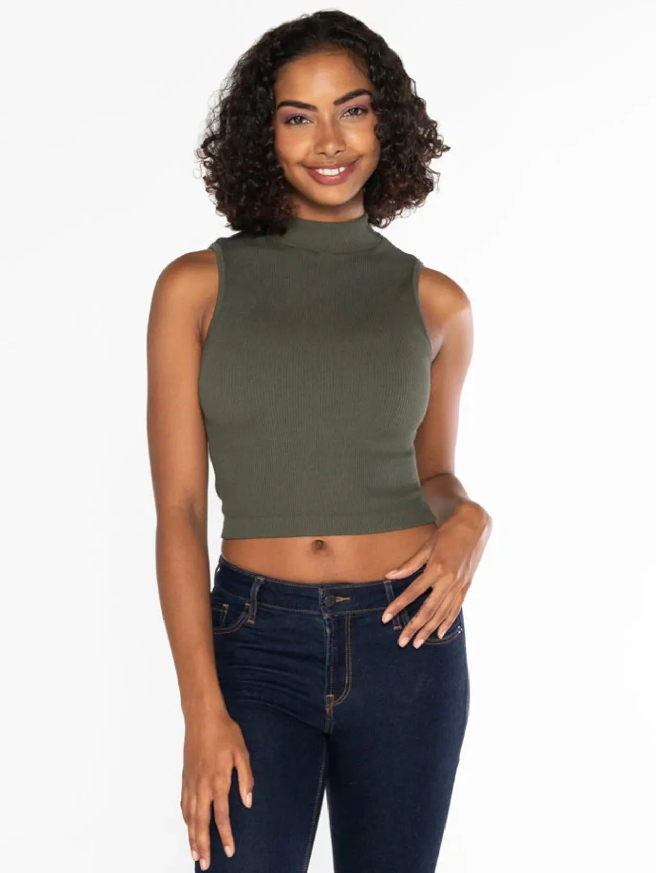 BAMBOO RIB SLEEVELESS MOCK NECK TOP