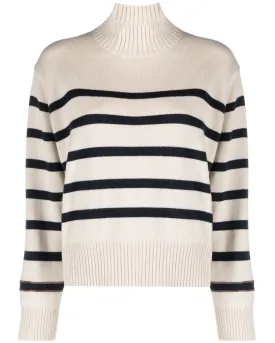 Beige Stripe Cashmere Mock Neck Knit Sweater