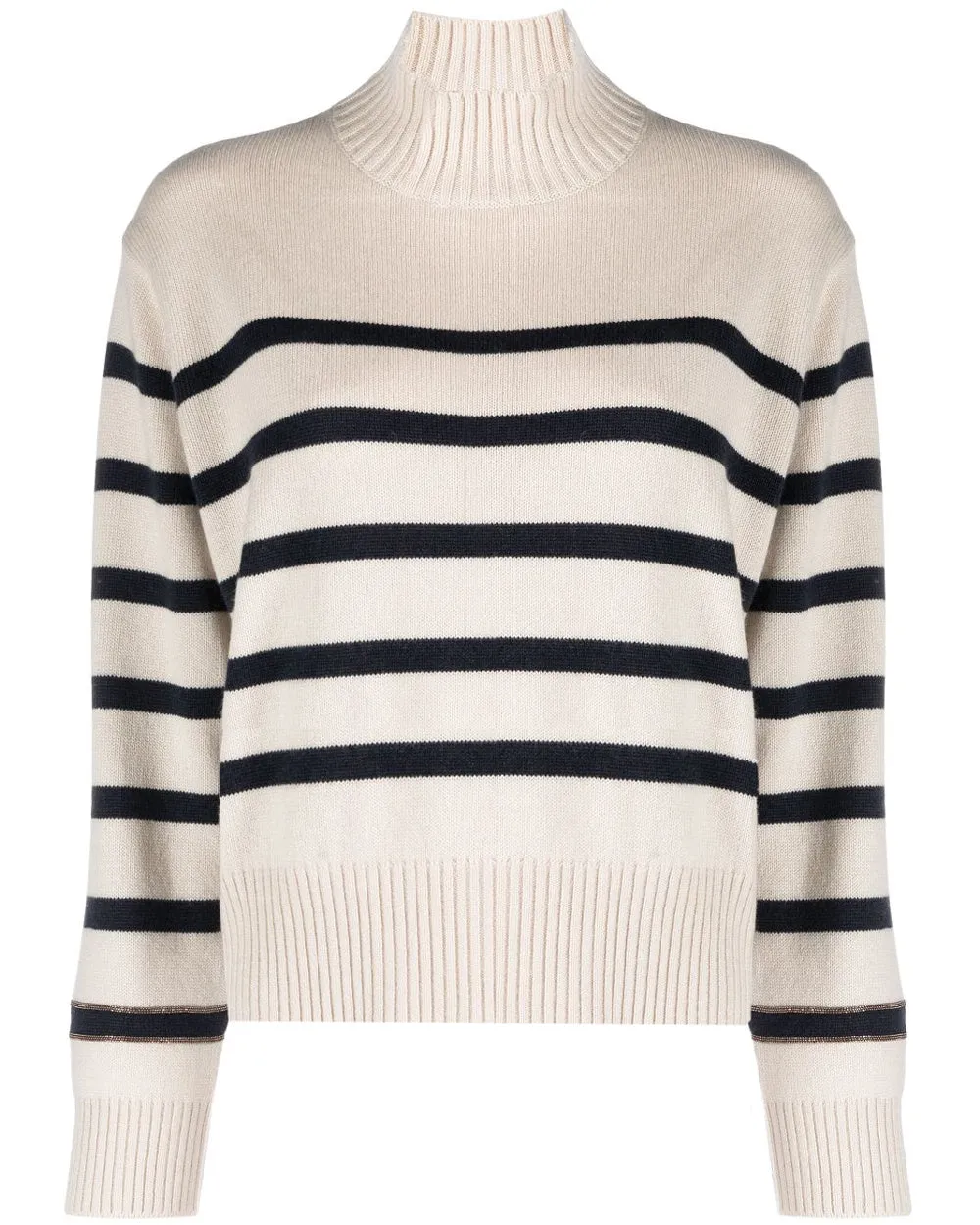 Beige Stripe Cashmere Mock Neck Knit Sweater