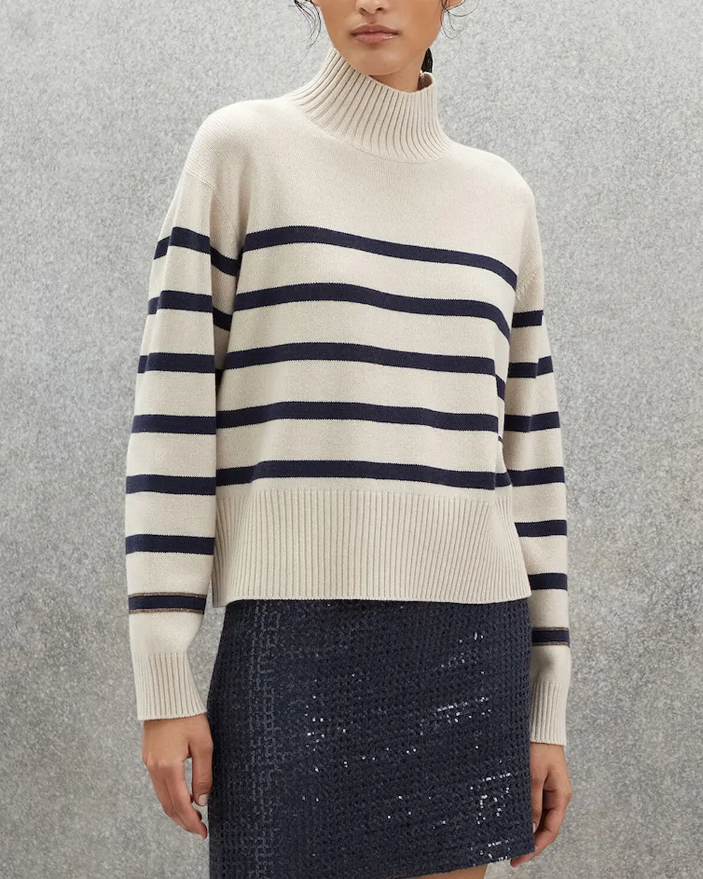 Beige Stripe Cashmere Mock Neck Knit Sweater