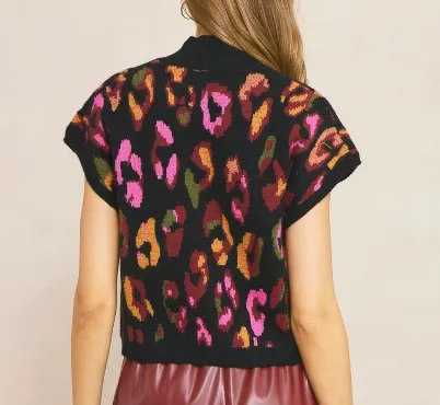 Black Leopard Print Mock Neck Cropped Sweater