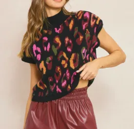 Black Leopard Print Mock Neck Cropped Sweater