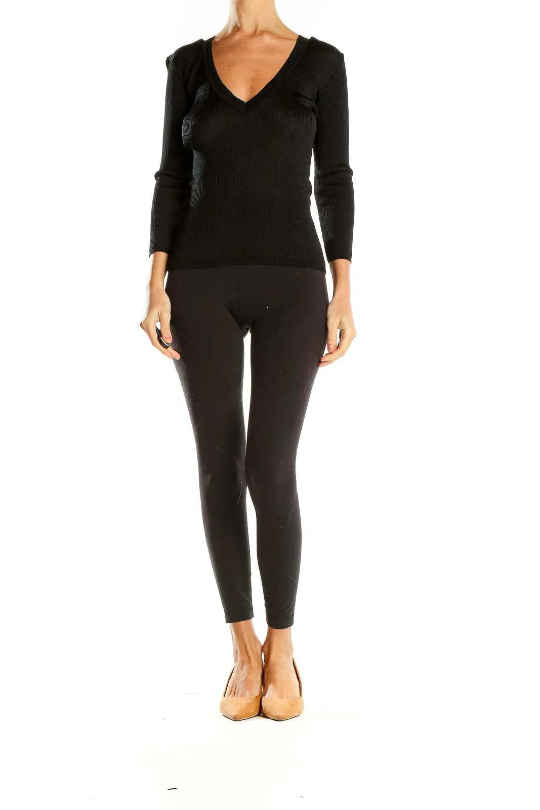 Black V-Neck Ribbed Knit Sweater