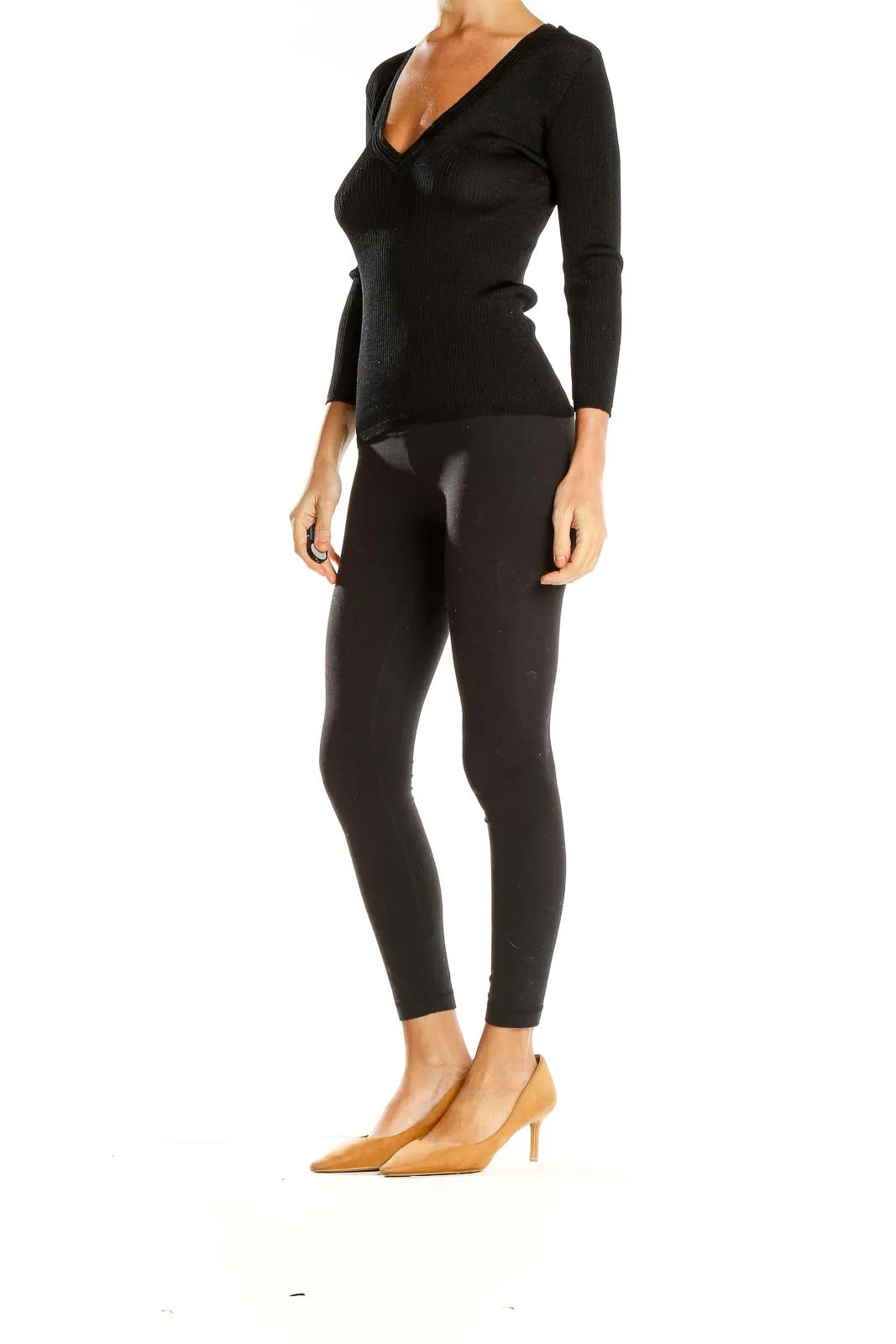 Black V-Neck Ribbed Knit Sweater