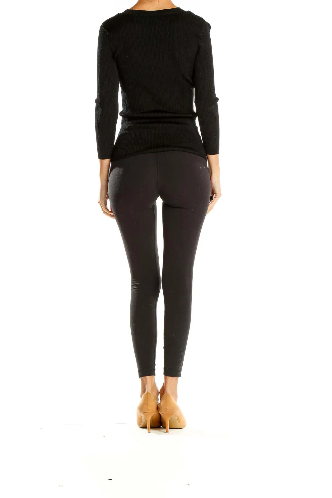 Black V-Neck Ribbed Knit Sweater