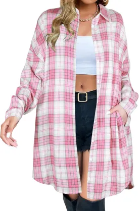 Blooming Jelly Women's Button Down Flannel Shirts Plaid Shacket Long Sleeve Collared Long Jacket Coats