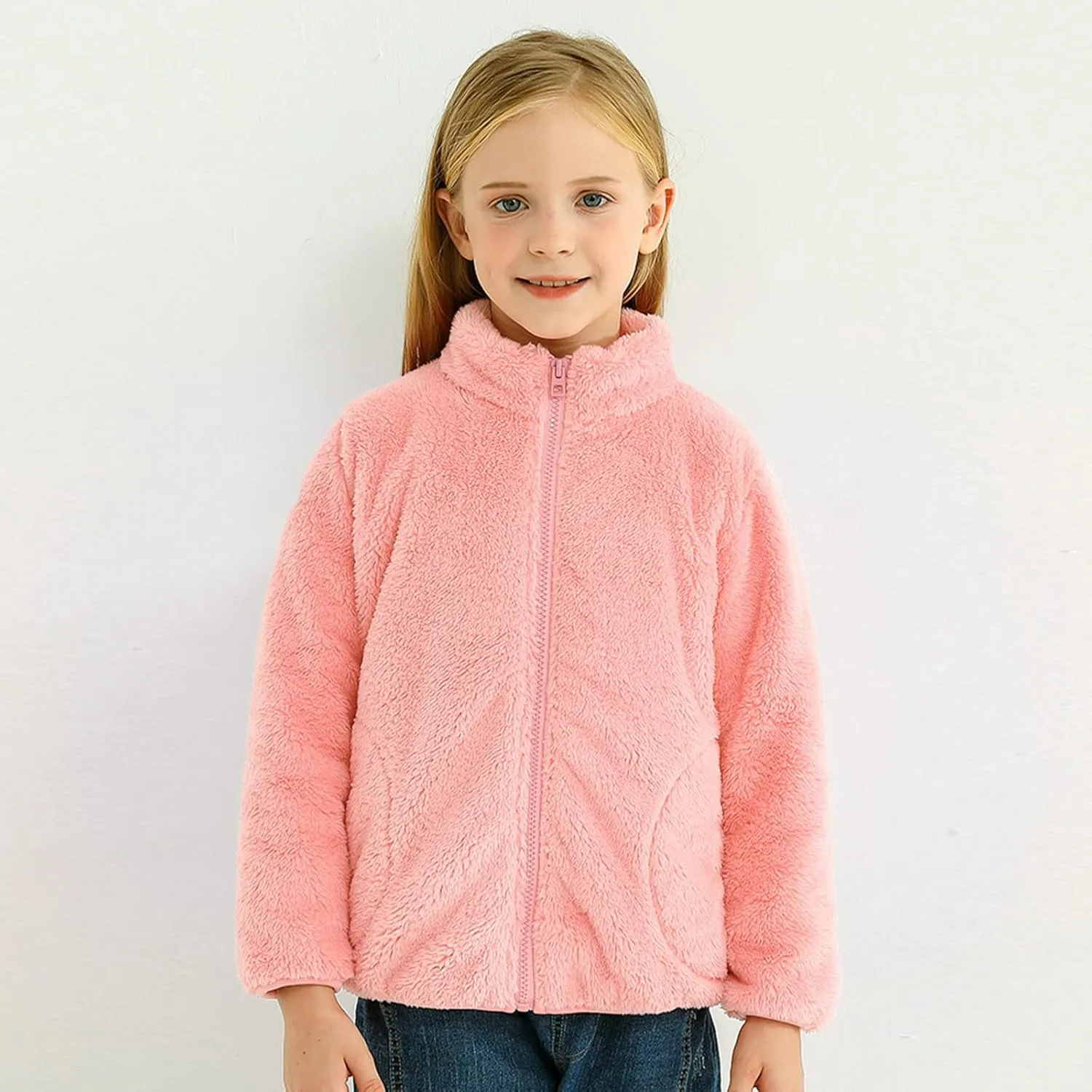 Boys Girls Fuzzy Fleece Jacket Winter Coat Sherpa Fleece Sweatshirt Fall Teddy Coat Kids Lightweight Windproof Jacket
