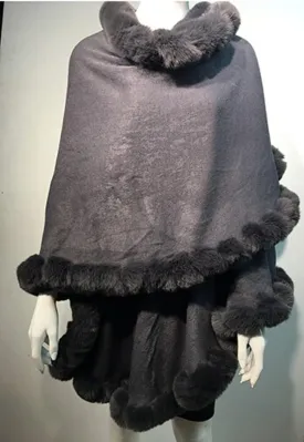 Cape-Faux Fur-Fur-Capes-ruana-coat-blanket-Caplet-Wrap-Shrug-Sweater-Poncho-dress shawl (Wool blend cape with faux fur trim - Charcoal Grey)