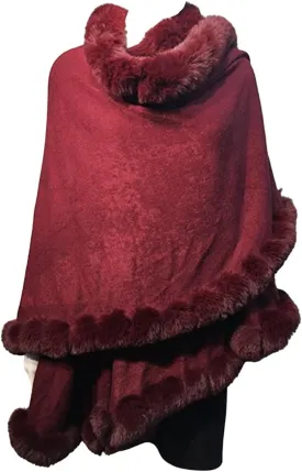 Cape Faux Fur ruana coat blanket Fur Caplet Wrap Shrug Sweater Poncho dress shawl (Wine Wool blend cape with faux fur trim)