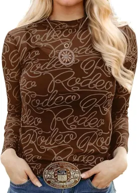 Chvity Women's Long Sleeve Mock Neck Tops Sexy See Through Mesh Going Out Tops Y2k Sheer Letter Printes Western Rodeo Outfit