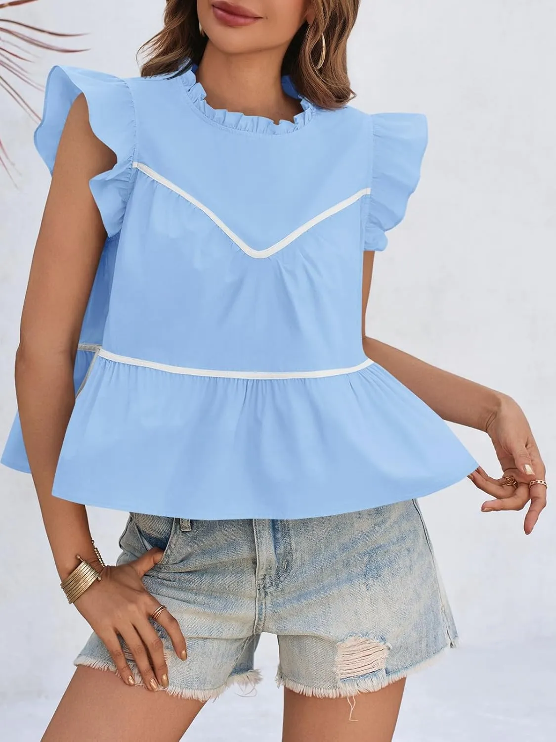 Cicy Bell Womens Ruffle Babydoll Tank Tops Summer Cotton Peplum Mock Neck Blouses Trendy Casual Pleated Bow Shirts
