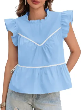 Cicy Bell Womens Ruffle Babydoll Tank Tops Summer Cotton Peplum Mock Neck Blouses Trendy Casual Pleated Bow Shirts