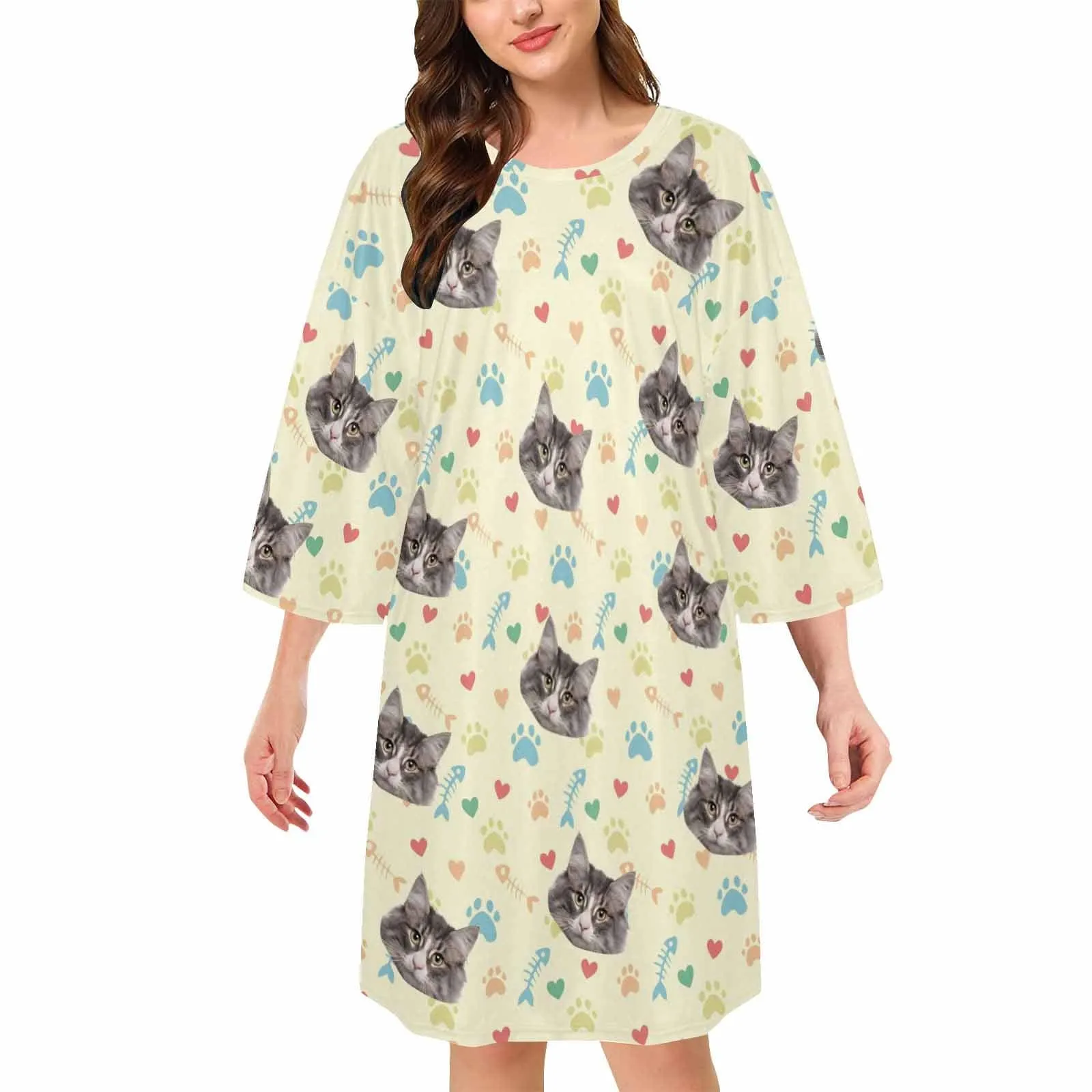 Custom Pet Face Bone Paw Heart Women's Oversized Sleep Tee Nightdress Personalized Loose Nightshirt