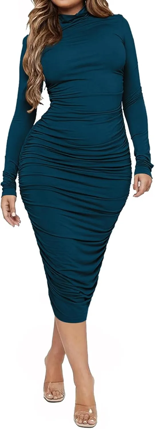 Ekaliy Women's Ruched Bodycon Midi Dress Mock Neck Long Sleeves Party Club Dresses