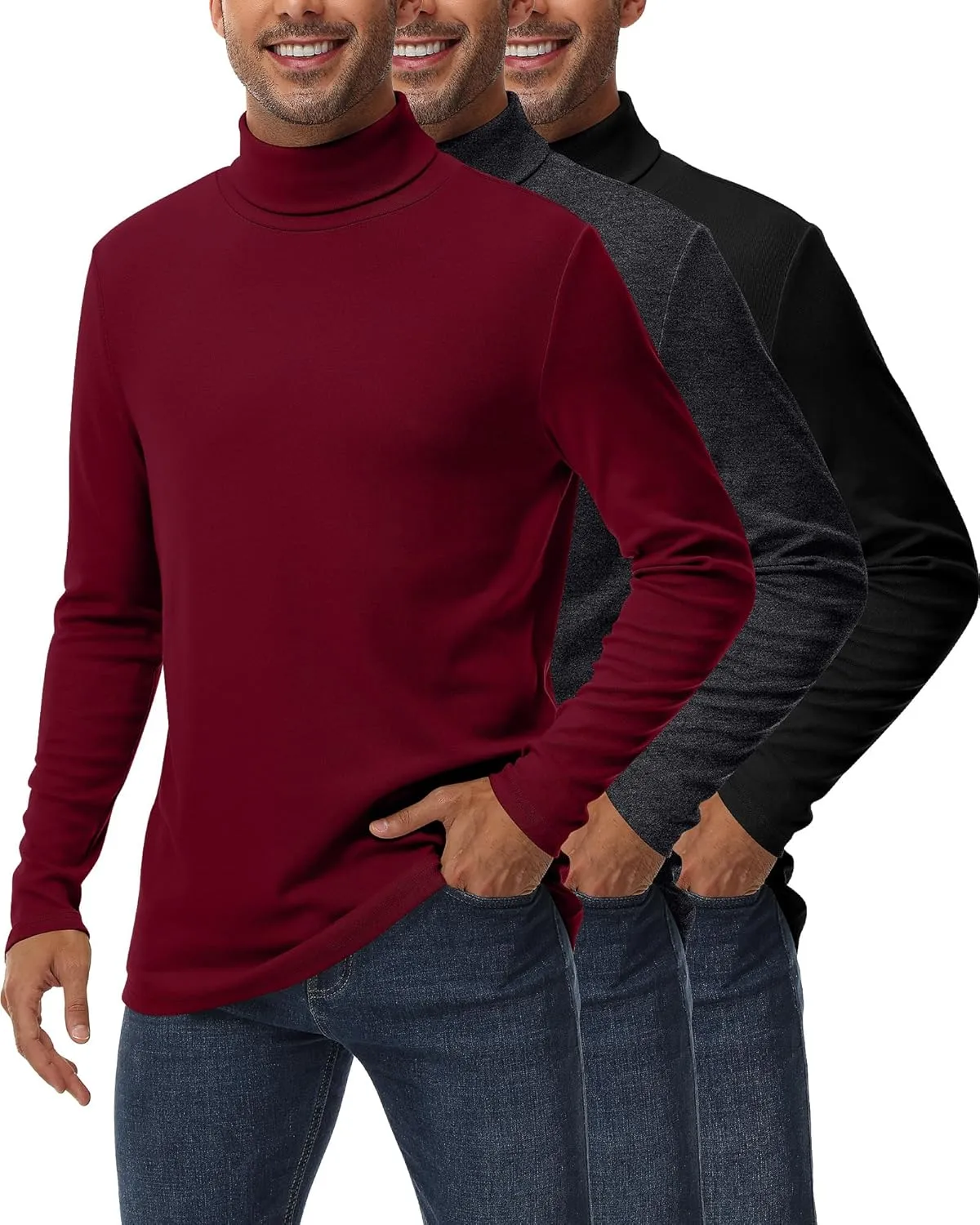 Ficerd 3 Pack Men's Turtleneck Shirts, Long Sleeve Cotton Pullover Sweaters Mock Neck Knitted T Shirt Basic Slim Fit Tee Tops