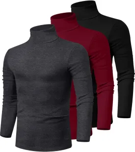 Ficerd 3 Pack Men's Turtleneck Shirts, Long Sleeve Cotton Pullover Sweaters Mock Neck Knitted T Shirt Basic Slim Fit Tee Tops