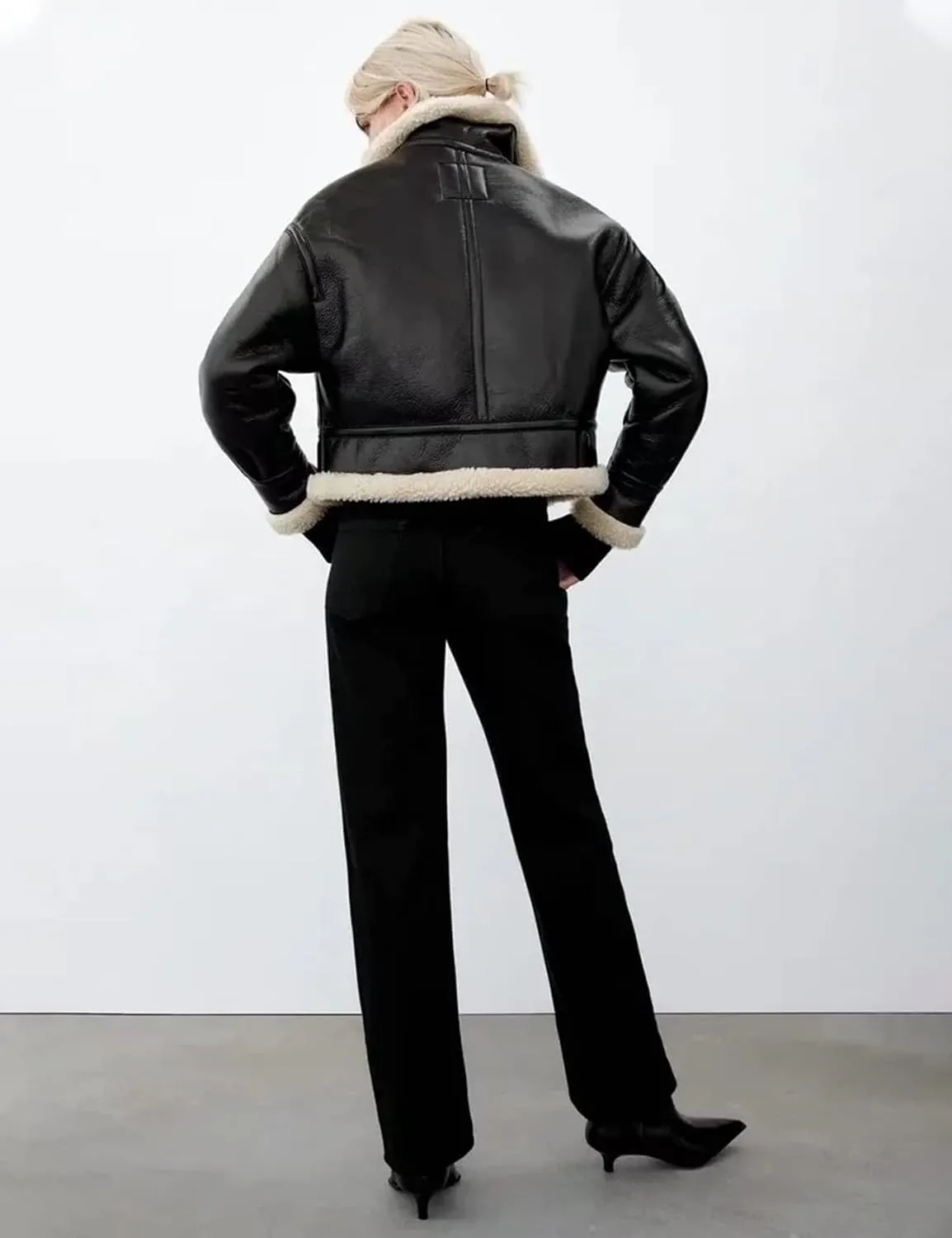 Flygo Women's Faux Leather Moto Jacket Oversized PU Fur Shearling Short Bomber Jacket