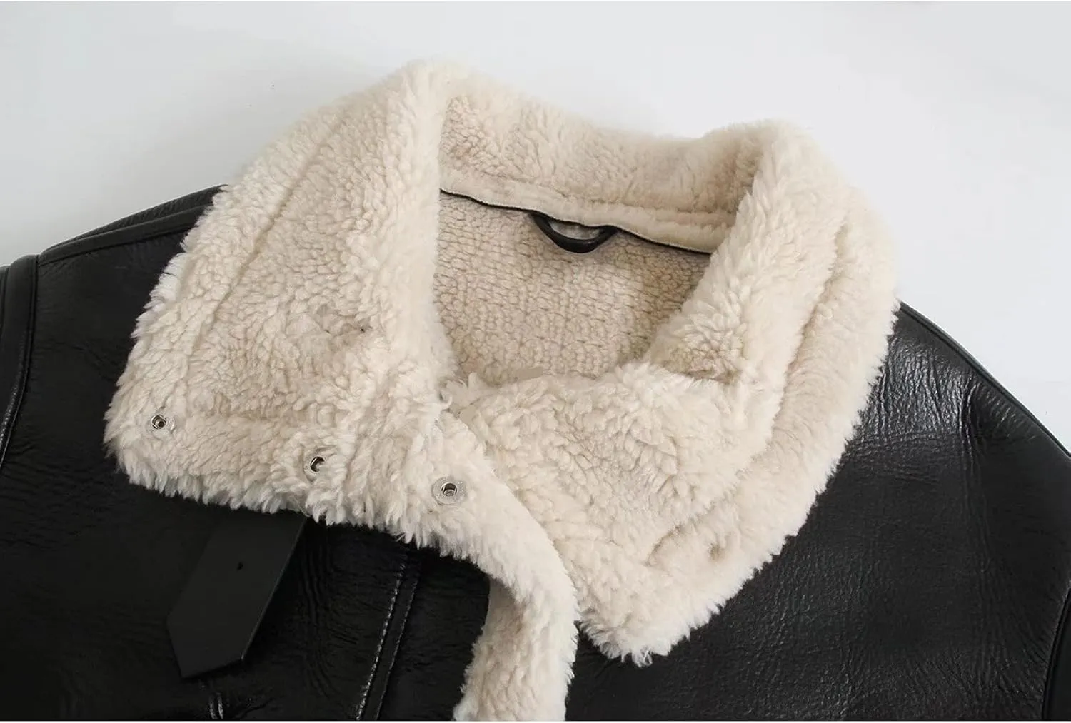 Flygo Women's Faux Leather Moto Jacket Oversized PU Fur Shearling Short Bomber Jacket