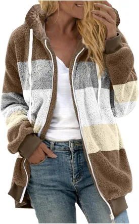 Fuzzy Fleece Jacket Women Plush Zip Up Hoodie Color Block Hooded Cardigan Soft Fluffy Warm Winter Coats with Pockets