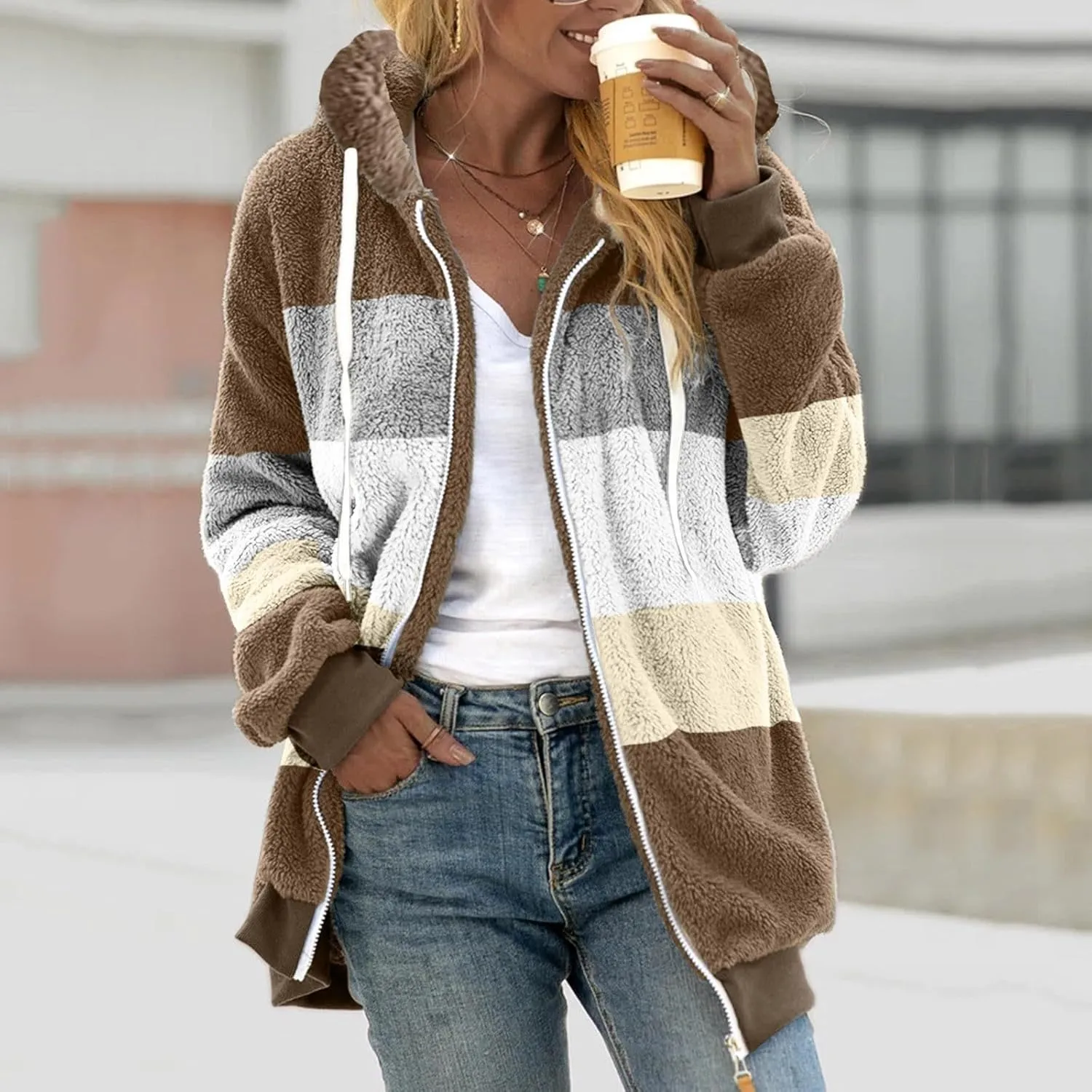 Fuzzy Fleece Jacket Women Plush Zip Up Hoodie Color Block Hooded Cardigan Soft Fluffy Warm Winter Coats with Pockets