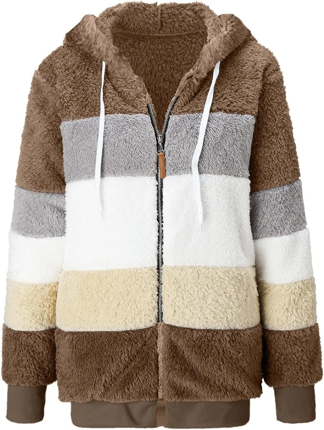 Fuzzy Fleece Jacket Women Plush Zip Up Hoodie Color Block Hooded Cardigan Soft Fluffy Warm Winter Coats with Pockets