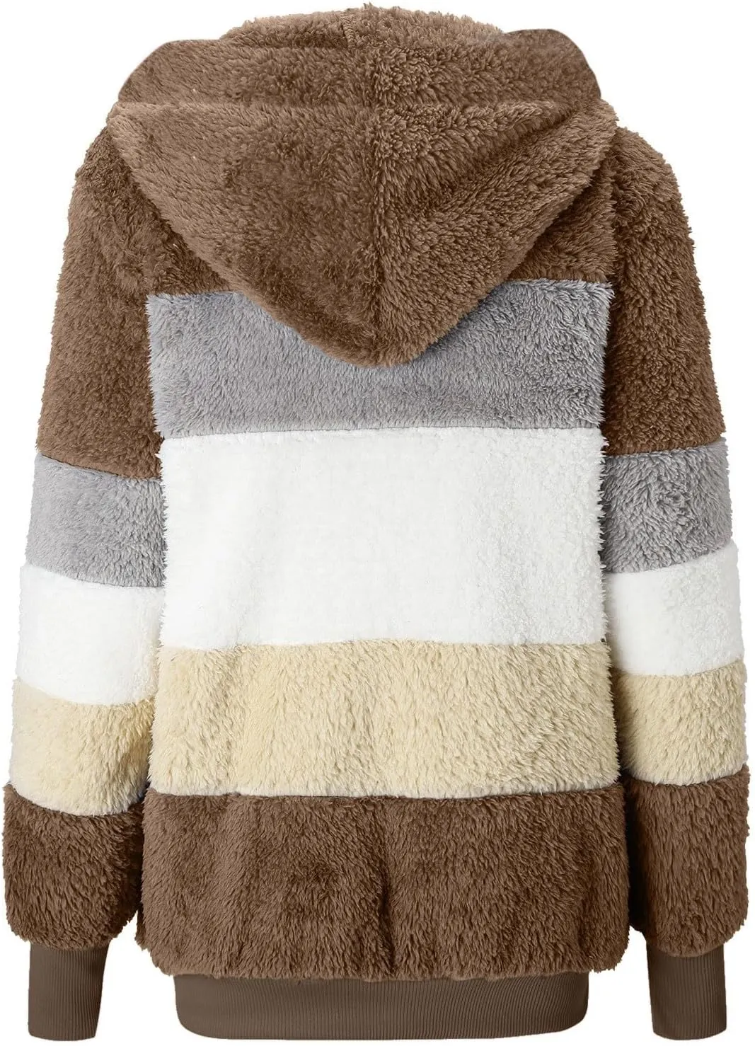 Fuzzy Fleece Jacket Women Plush Zip Up Hoodie Color Block Hooded Cardigan Soft Fluffy Warm Winter Coats with Pockets