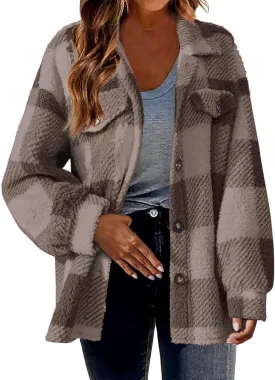 Fuzzy Fleece Jackets For Women Casual Fashion 2023 Plaid Button Down Shacket Warm Winter Sherpa Coats Outwear