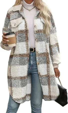 Fuzzy Fleece Plaid Jacket Womens Button Down Lapel Sherpa Shacket Faux Fur Teddy Coats Long Trench Coat with Pockets