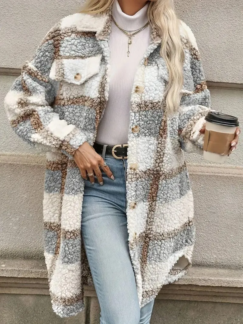 Fuzzy Fleece Plaid Jacket Womens Button Down Lapel Sherpa Shacket Faux Fur Teddy Coats Long Trench Coat with Pockets