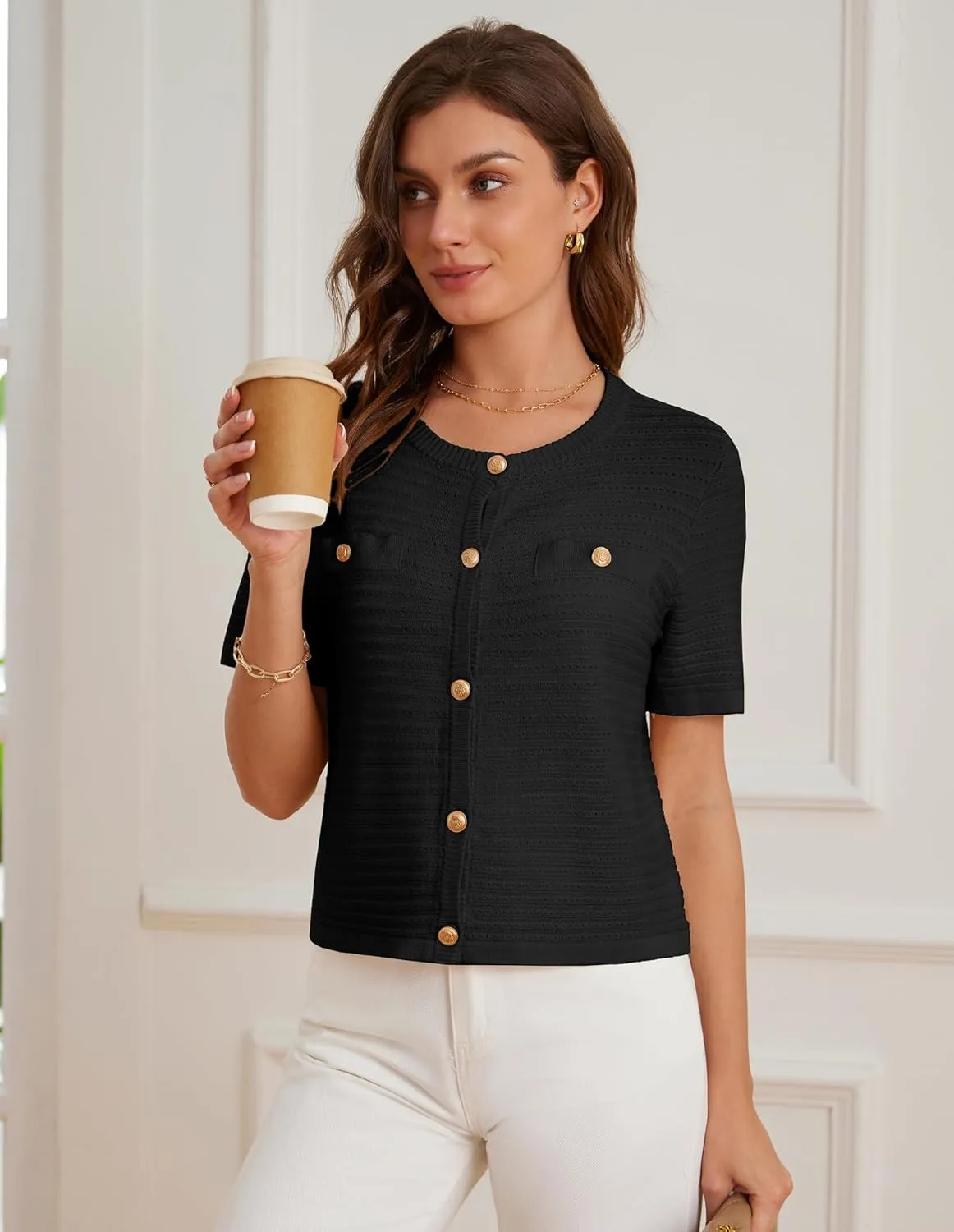 GRACE KARIN Womens Cardigan Sweaters 2025 Summer Open Front Button Down Short Sleeve Textured Knitted Sweater Tops Outfit