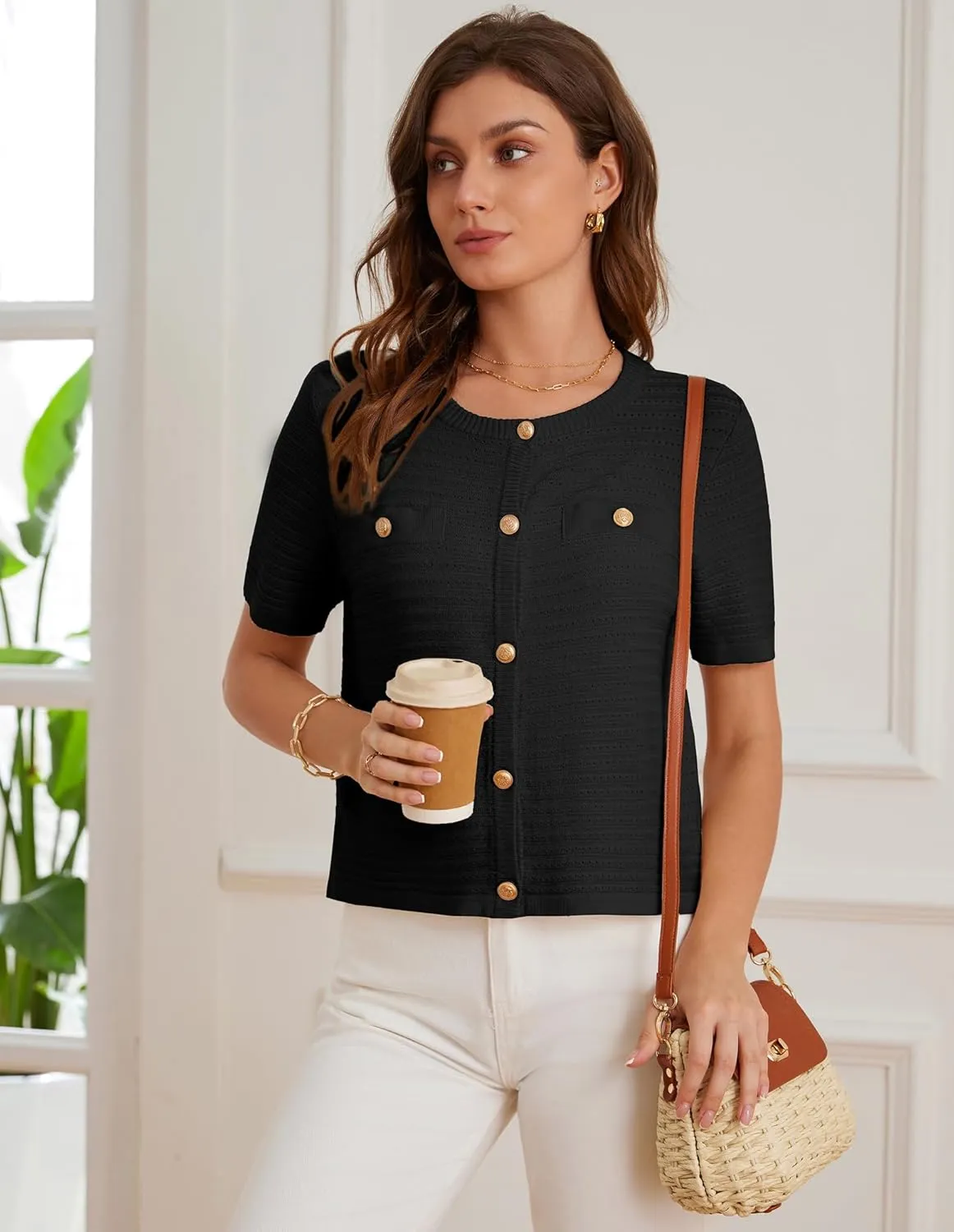 GRACE KARIN Womens Cardigan Sweaters 2025 Summer Open Front Button Down Short Sleeve Textured Knitted Sweater Tops Outfit
