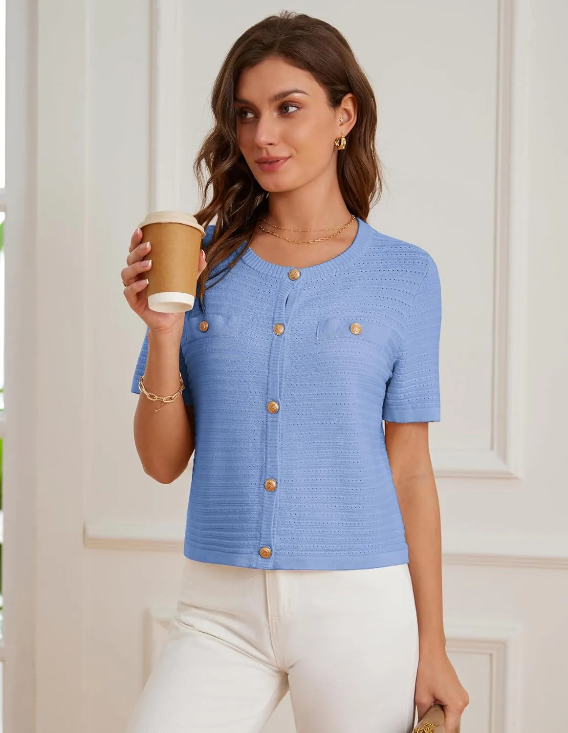 GRACE KARIN Womens Cardigan Sweaters 2025 Summer Open Front Button Down Short Sleeve Textured Knitted Sweater Tops Outfit