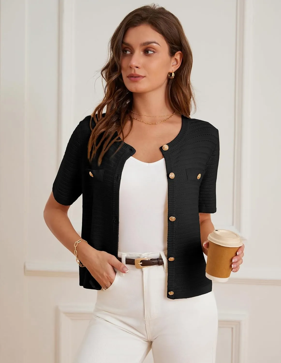 GRACE KARIN Womens Cardigan Sweaters 2025 Summer Open Front Button Down Short Sleeve Textured Knitted Sweater Tops Outfit