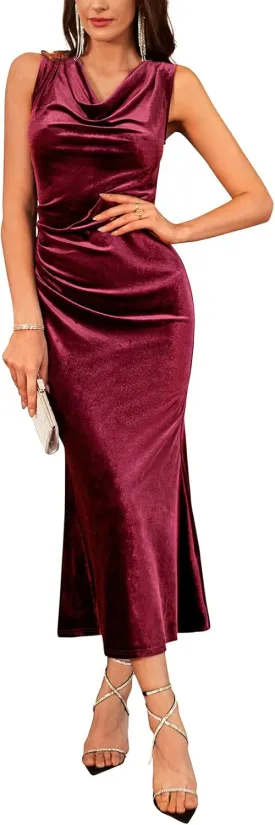 GRACE KARIN Womens Cowl Neck Long Formal Dresses Fall Velvet Sleeveless Maxi Bodycon Dress Ruched Mermaid Cocktail Dress