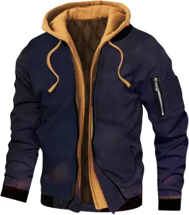 Hooded Jackets for Men Casual Thicken Bomber Jacket Quilted Lined Long Sleeve Plaid Color Block Zip Up Hoodies Coat