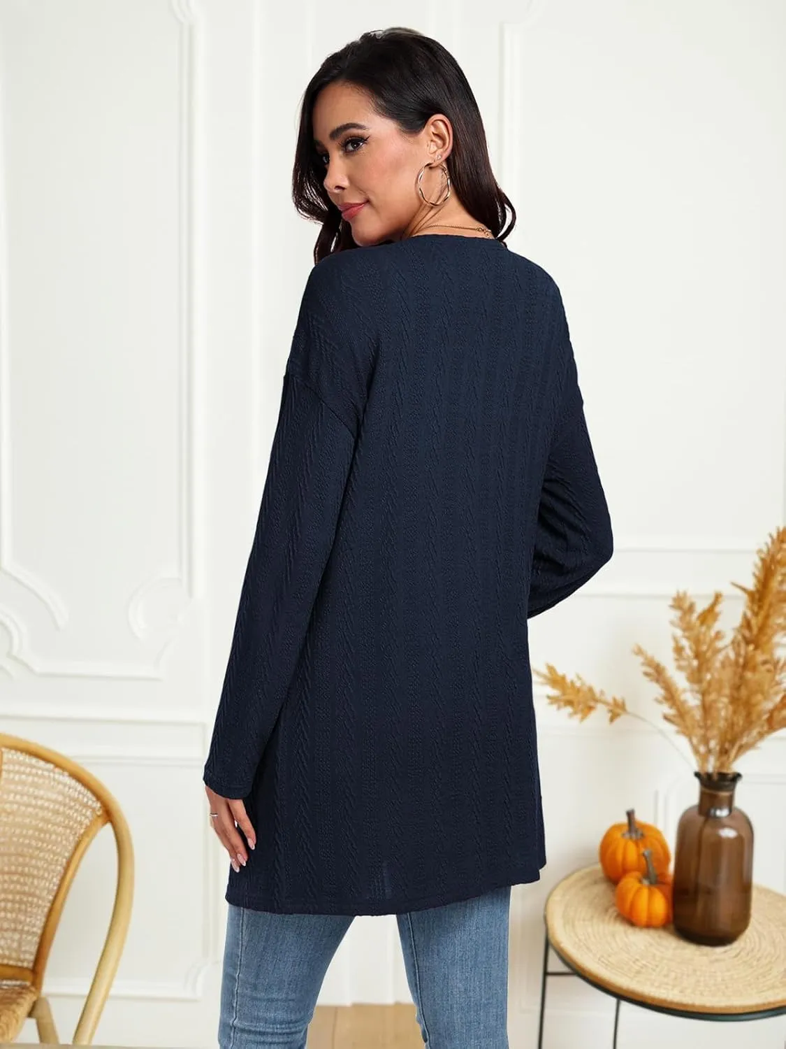 HWOKEFEIYU Women's Lightweight Cardigans Casual Open Front Cable Knit Cardigans Solid Color Outwear Coats with Pockets