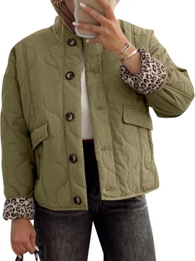 Kissonic Womens Quilted Lightweight Jackets Button Down Puffer Jacket Leopard Lined Bomber Coat with Pockets