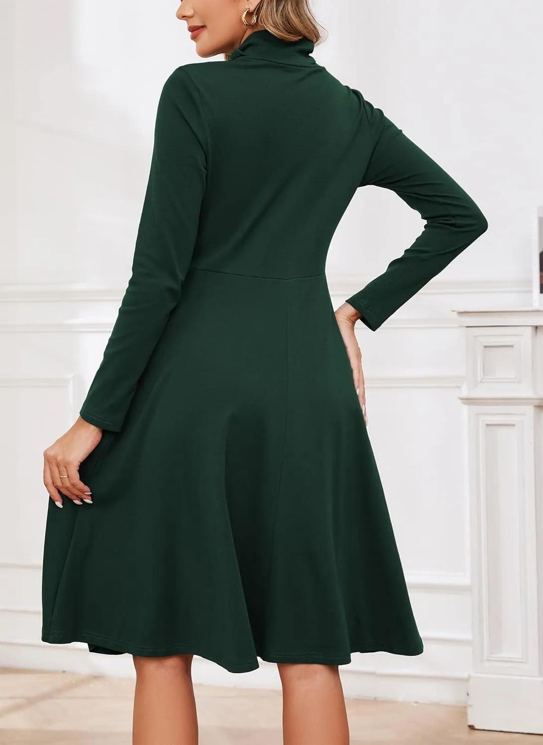 Kormei Women's Long Sleeve Turtleneck Casual Ribbed Knit Loose Tunic Fall Dress A Line Flare Dresses