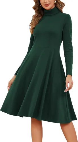 Kormei Women's Long Sleeve Turtleneck Casual Ribbed Knit Loose Tunic Fall Dress A Line Flare Dresses