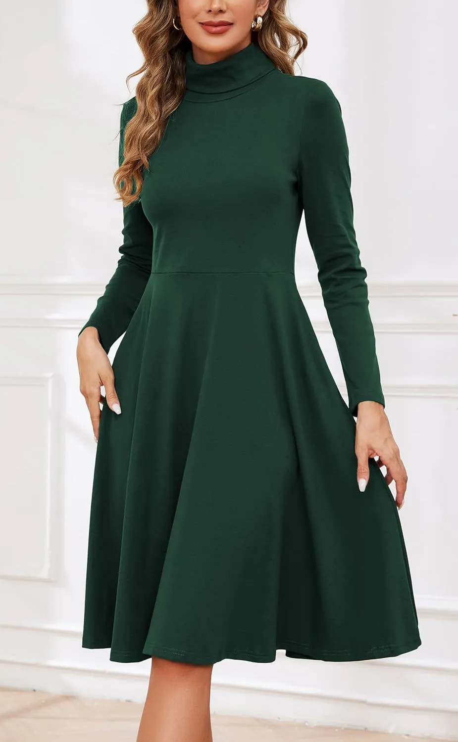 Kormei Women's Long Sleeve Turtleneck Casual Ribbed Knit Loose Tunic Fall Dress A Line Flare Dresses