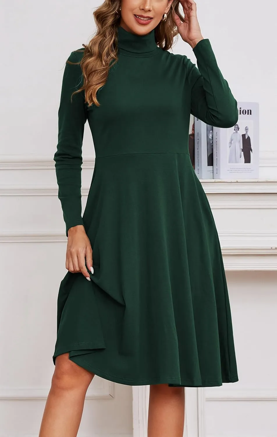 Kormei Women's Long Sleeve Turtleneck Casual Ribbed Knit Loose Tunic Fall Dress A Line Flare Dresses