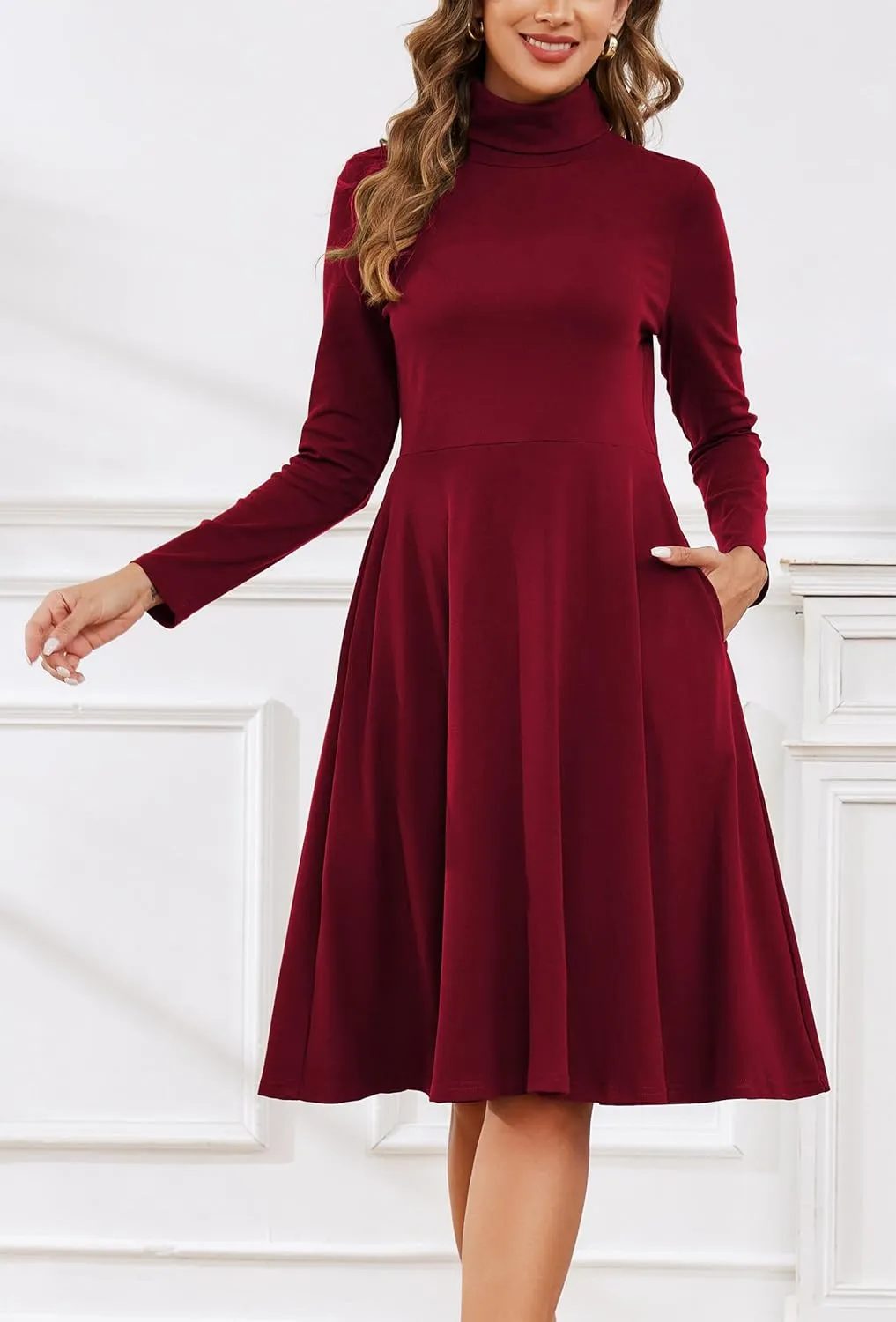 Kormei Women's Long Sleeve Turtleneck Casual Ribbed Knit Loose Tunic Fall Dress A Line Flare Dresses